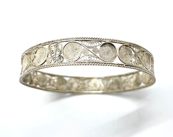 Vintage Ethnic 800 Silver Filigree Large Band Bangle Bracelet