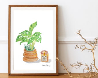 Winter Plant Watercolor Painting Print | Still Life Plant Candle Art | Still Life Scene