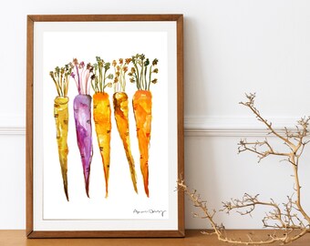 Rainbow Carrots Watercolor Print | Vegetable Art | Purple Orange Carrot Painting | Kitchen Decor | Housewarming Gift | Farmhouse Chic