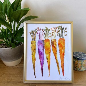 Rainbow Carrots Watercolor Print | Vegetable Art | Purple Orange Carrot Painting | Kitchen Decor | Farmhouse Chic