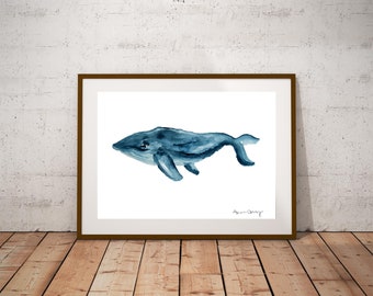 Blue Whale Watercolor Print | Underwater Painting | Humpback Whale Artwork