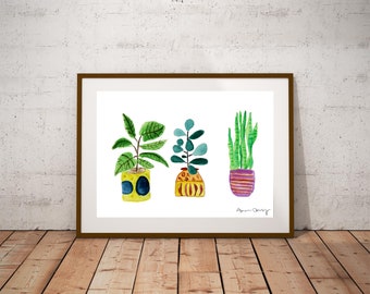 Potted Plant Watercolor Painting | Snake Plant Rubber Plant Art | Succulent Watercolor |