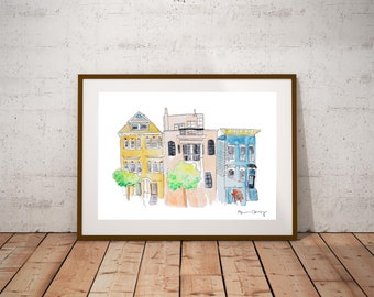 San Francisco Watercolor Painting Print| Iconic City Art | Architecture Painting | SF Townhouse Housewarming Gift | Park Painting