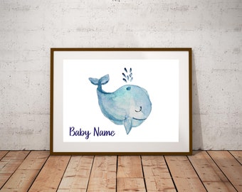 Custom Name Baby Whale Watercolor Print | Underwater Watercolor | Sea Creature | Nursery Art | Baby Shower Gift