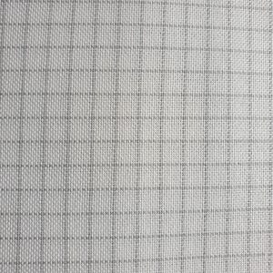May include: A light grey fabric featuring a repeating grid pattern composed of thin, darker grey lines. The material displays a visible woven texture with a consistent, uniform square check design across the entire surface of the textile.