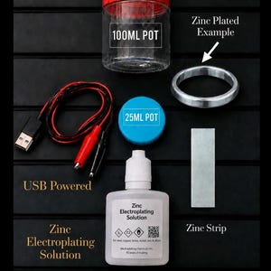 May include: A zinc electroplating kit containing a 100ml pot with a red lid, a 25ml pot with a blue lid, a USB-powered cable with red and black alligator clips, a zinc strip, and a bottle labelled Zinc Electroplating Solution for steel, copper, brass, nickel, zinc, and alloys, plus a silver-coloured zinc plated ring example.