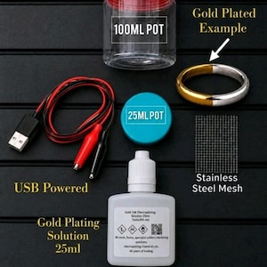 May include: A gold electroplating kit featuring a 100ml clear pot with a red lid, a 25ml turquoise pot, a USB-powered cable with red and black alligator clips, a white bottle of 24k gold plating solution, a stainless steel mesh, and a ring example.