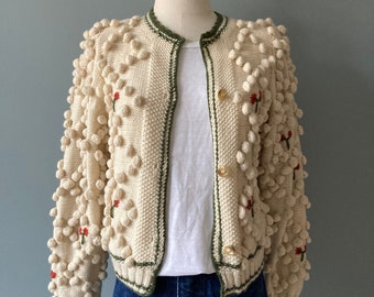 Handmade 1980s off-white wool cardigan, popcorn knit stitch / small