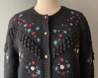 Vintage 1980s Austrian Knitted Black Wool Floral Appliqué