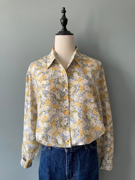 Cacharel, Cacharel 1990s pale yellow flowers silk shirt / medium, large