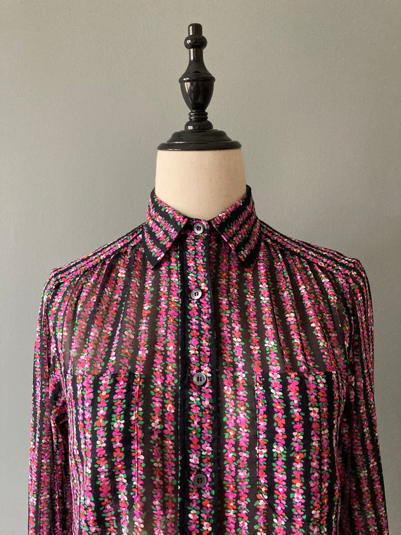 Céline 1970s black pink flowers cotton shirt / sm… - image 3