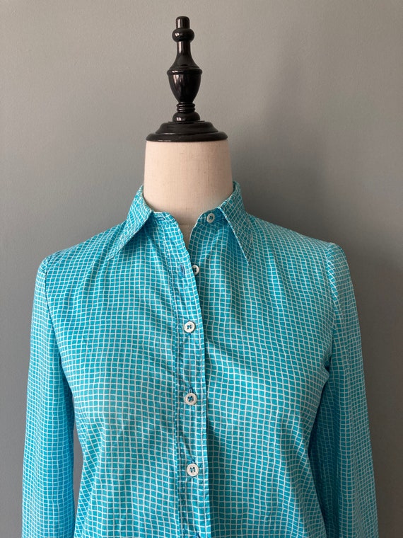 Cacharel, Cacharel 1970s turquoise blue checks cotton shirt / extra-small