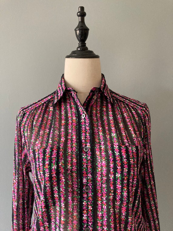 Céline 1970s black pink flowers cotton shirt / sm… - image 1