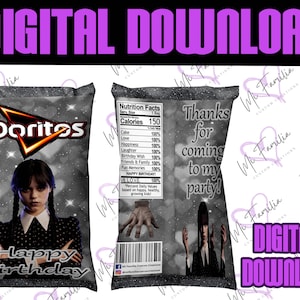 Digital Download Wednesday Chip Bag, Wednesday Addams, Addams Family, Birthday, Valentine&#39;s, Valentines Snacks, Valentine&#39;s Day