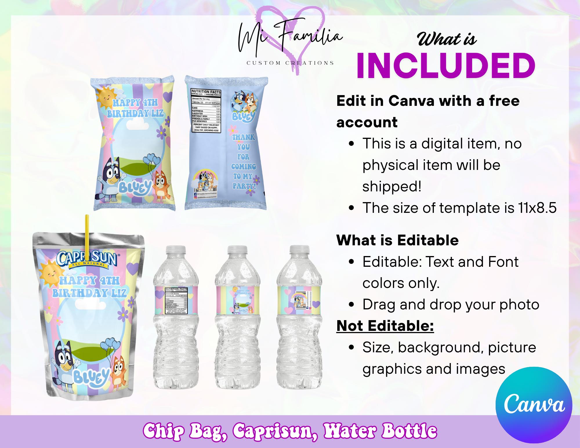 Bluey Birthday Bundle, Bluey Chip Bags, Bluey Water Bottle, Bluey Caprisun