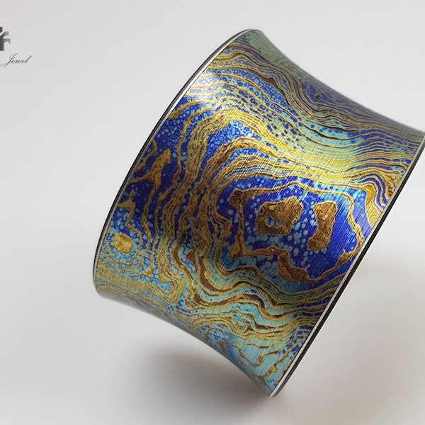 Handmade Cuff Bracelet "INFINITY", Gift For Her, Women Art Jewellery, Amazing blue colors, Colored Print Bangle, Abstract Designer Jewelry