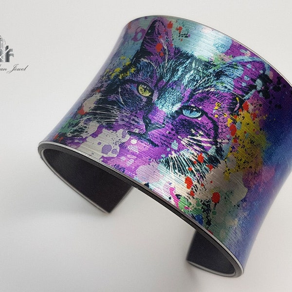 Colored Cat Cuff Bracelet, Unusual Gift for Her, Cat Women Jewelry, Cat Lovers Gifts, Multicolored Cat Arm Cuff, Abstract Animal Bangle