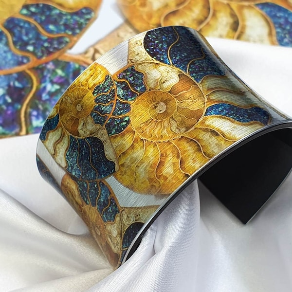 Handmade Cuff Bracelet "AMMONITE", Gift for Her, Women Art Jewellery, Egypt Print Bangle, Designer Jewelry, Talisman for Energy, Mineral