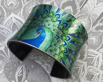 Handmade Cuff Bracelet "GODDESS", Gift For Her, Women Art Jewellery, Designer Bangle, Blue Green Peacock Jewelry, Colored Pheasant feather