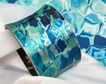 Handmade Cuff Bracelet "SEABED", Gift For Her, Women Art Jewellery, Colorful Bangle, Abstract Style, Water Blue Colors, Sea Ocean Print Gift