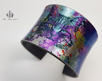 Colored Cat Cuff Bracelet, Unusual Gift for Her, Cat Women Jewelry, Cat Lovers Gifts, Multicolored Cat Arm Cuff, Abstract Animal Bangle