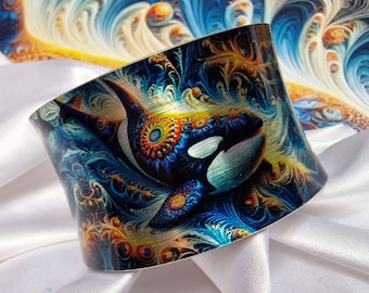 Mandala Orca Cuff Bracelet, Dolphin Lovers Gifts, Blue Nautical Jewelry, Unusual Gift for Her, Mystic Orca Bangle, Abstract Jewelry