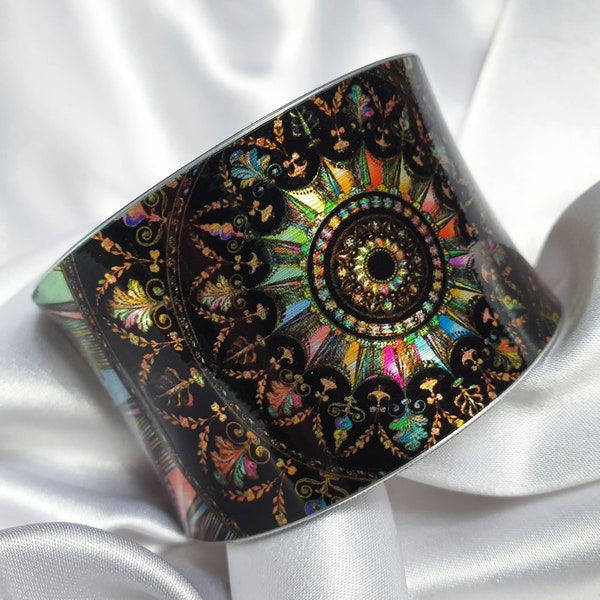 Mandala Cuff Bracelet, Mandala Ethnic Jewelry, Mandala Indian Gifts, Multicolored Mandala Arm Cuff, Boho Bangle, Ethnic Cuff Bracelet