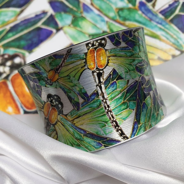 Dragonfly Cuff Bracelet, Dragonfly Lovers Gifts, Dragonfly Jewelry, Spring Jewelry, Multicolored Dragonfly Arm Cuff, Wings Pattern Bangle