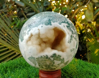 Stunning 165 MM large Natural Drusy Moss Agate Polished Sphere Metaphysical Crystal Healing Energy