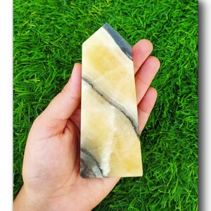 Amazing Large 12 CM yellow Zebra Calcite Flate Tower | Metaphysical Crystal Healing | Meditation | Oblesik