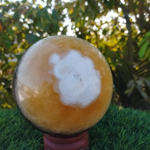 Unique Large 127 mm Yellow  Zebra Calcite Sphere | Metaphysical Crystal Healing Energy | Oblesik| Meditation