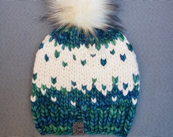 Chunky Soft Merino Nordic hat (green and cream)