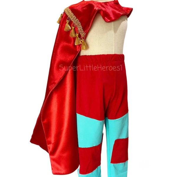 Kids Luchador Libre Costume Red and Blue Leggings and Cape, Boys Halloween, Teal Leggings with Red Patch, Gold Tassel Red Satin Cape Lucha