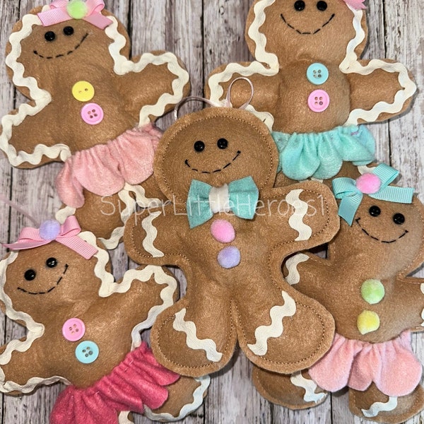 ONE Pastel Gingerbread Girl/Man Felt Christmas Ornament, Pink Aqua Purple Yellow Gingerbread Man Christmas Decorations, Pink Christmas 2023