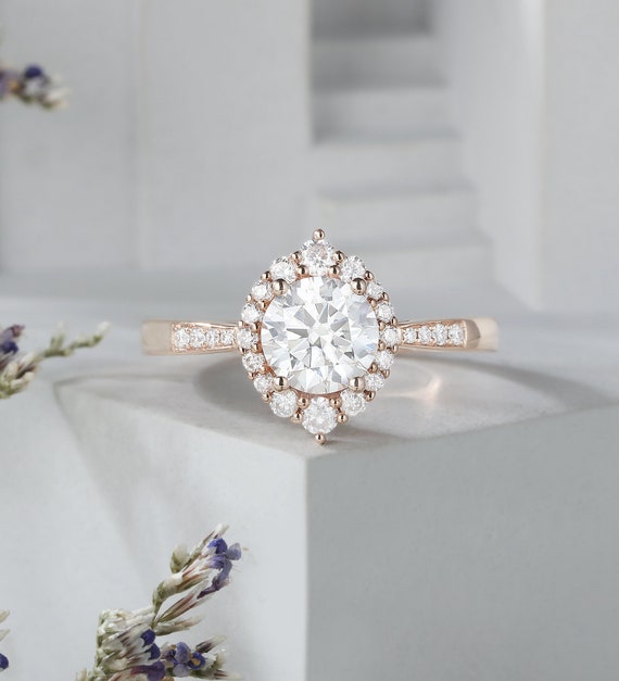 Moissanite Engagement Ring Rose Gold Ring Vintage Engagement - Etsy