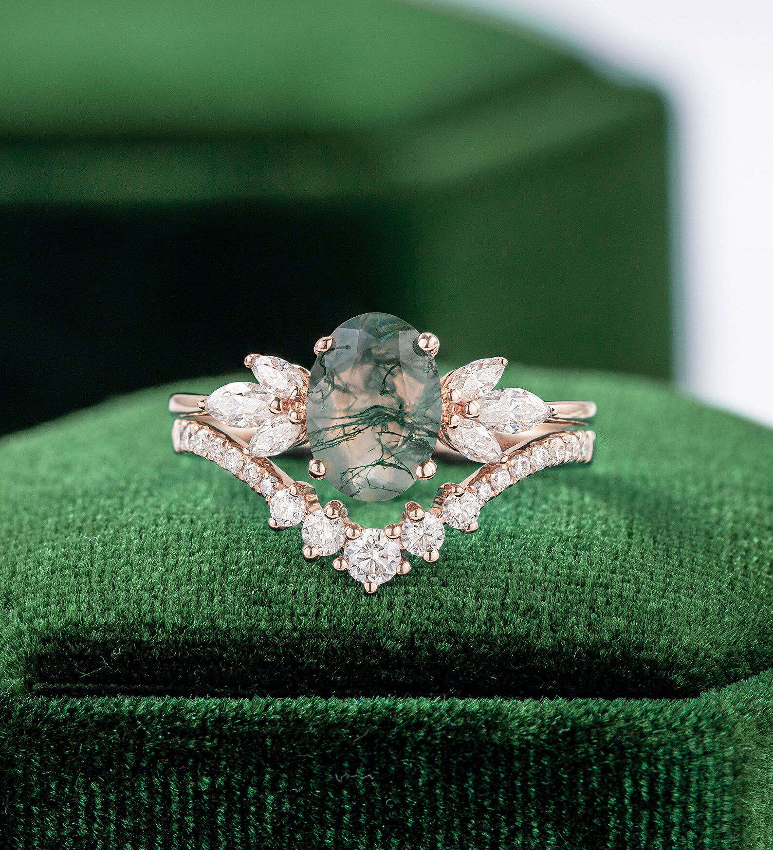 Moss Agate Engagement Ring Set Oval Cut Vintage Bridal Set Etsy