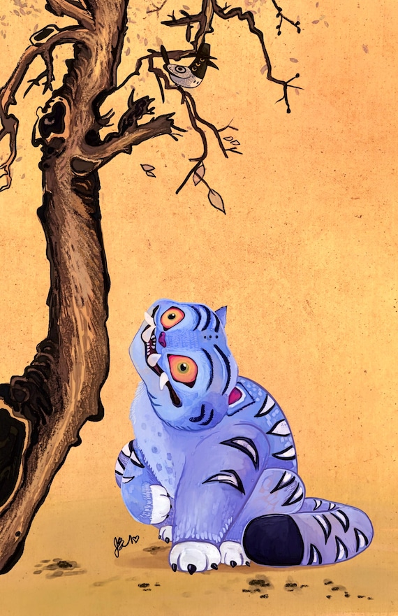 Derpy Tiger and Magpie Folk Art Print