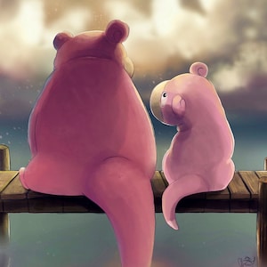 Slowpoke and Baby Slowpoke On Textured Art Paper