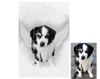 Pet Portrait Custom and Personalized, Pet Loss Memorial Portrait with Angel Wings,  Pet Memorial Ideas, Digital or Print
