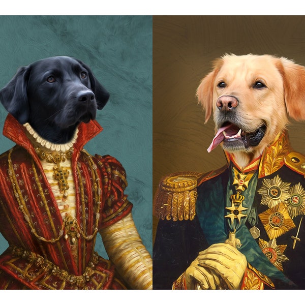 Retrato de mascota de una foto, pintura de dibujo de perros y gatos renacentistas [solo digital] Animal divertido real en uniforme