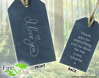 Engraved Slate Bottle Tag - I Love You Design + Personalised Message on Back