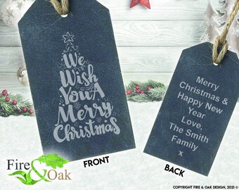 Engraved Slate Bottle Tag - Christmas Design + Personalised Message on Back
