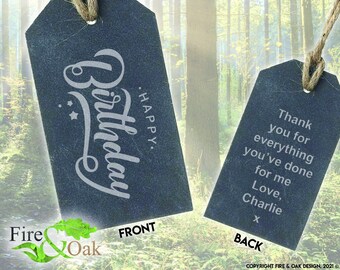 Engraved Slate Bottle Tag - Happy Birthday Design + Personalised Message on Back