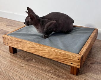 Large Gray Wooden Cat Bed with Mattress, Modern Pet Furniture