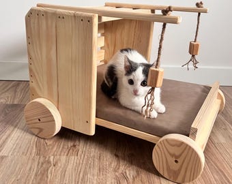 Wooden Cat Bed with Velvet Cushion, Handmade Elevated Cat Lounger, Wooden cat house, Wooden cat house, Cat bed frame, Cat hammock, Cat gift