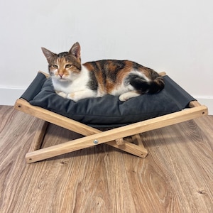 Gray Wooden Cat Hammock with Washable Cushion, Modern Pet Furniture