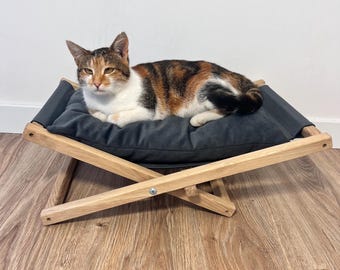 Gray Wooden Cat Hammock with Washable Cushion, Modern Pet Furniture