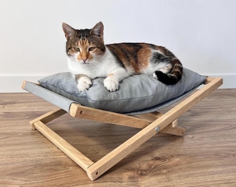 Handmade Wooden Cat Hammock with Velvet Cushion – Cozy Indoor Pet Bed & Unique Gift for Cat Lovers, Modern Cat Furniture, Pet Accessory