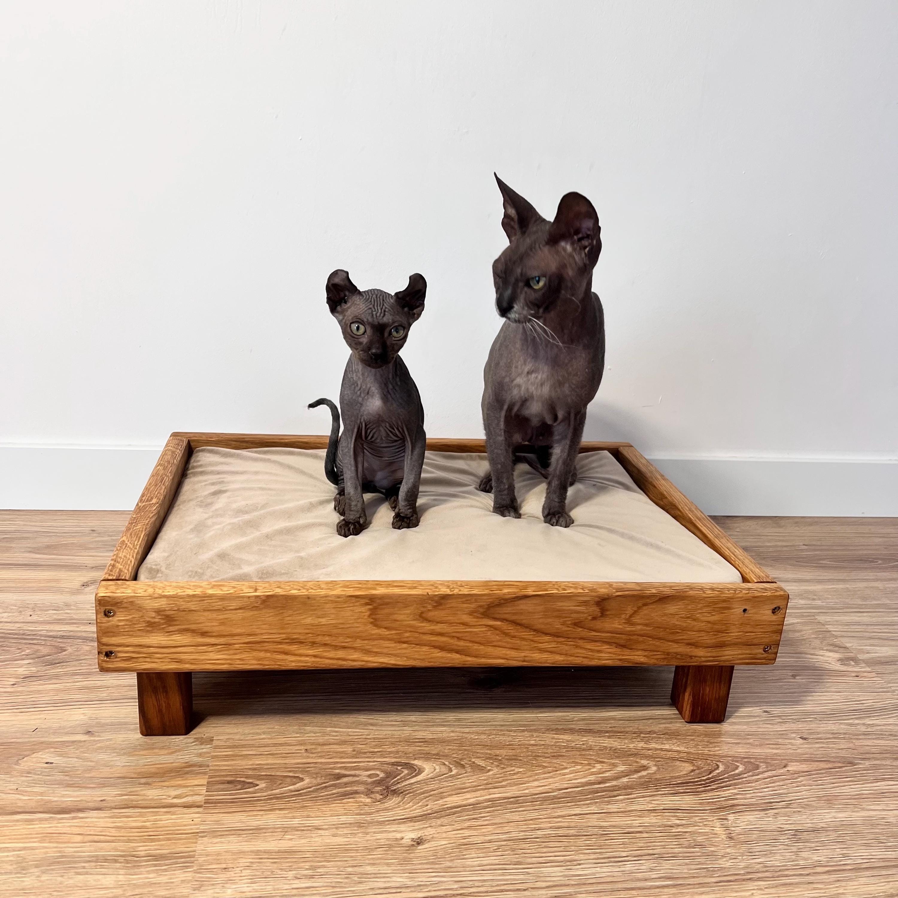 Wooden Pet Bed with Washable Mattress, Cozy Cat and Dog Furniture