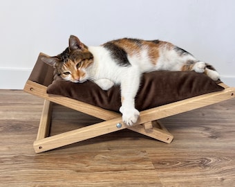Wooden Cat Hammock – Solid Oak Elevated Brown Cat Bed, Modern Wooden Cat Furniture